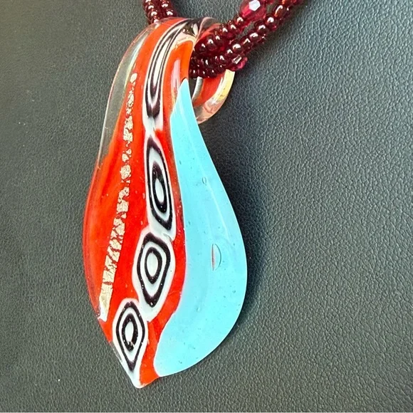 Multi Strand Red Seed Bead Necklace & Dichroic Art Glass Pendant - adjustable - Picture 3 of 7